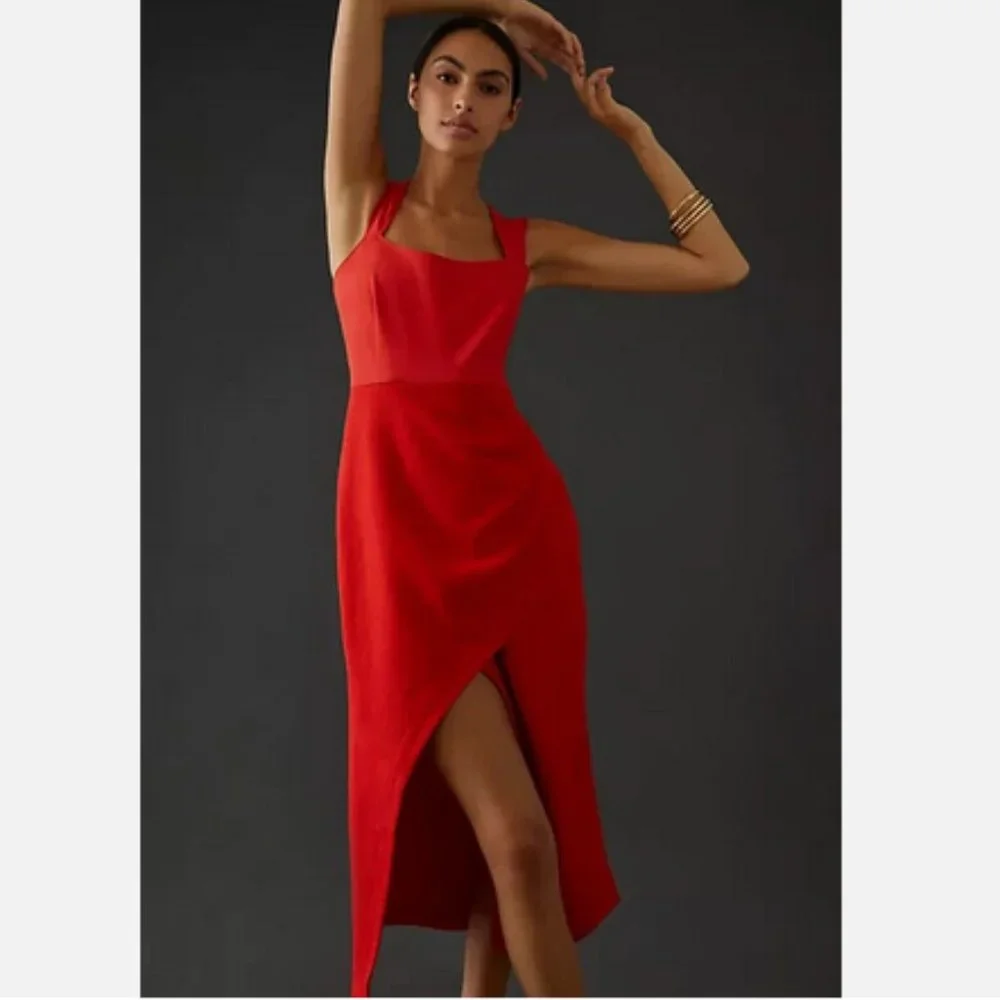 Anthropologie Maeve 10 NWT Squareneck Maxi Dress 160$ Red Holiday Cocktail - Picture 2 of 7